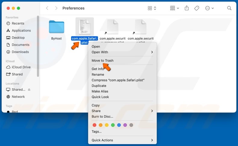 Klicken Sie mit der rechten Maustaste auf com.apple.Safari.plist und klicken Sie auf In den Papierkorb verschieben