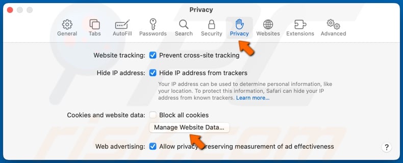 Wählen Sie die Registerkarte Datenschutz aus und klicken Sie auf Website-Daten verwalten