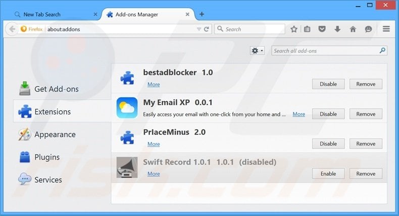 Removing search.myemailxp.com related Mozilla Firefox extensions