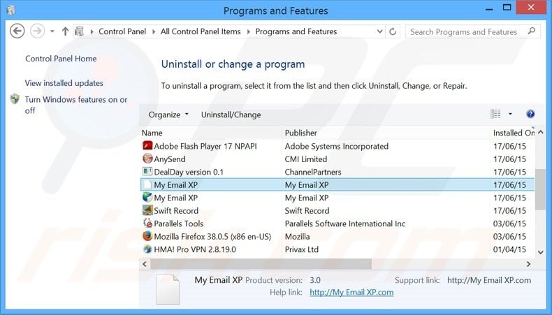 search.myemailxp.com browser hijacker uninstall via Control Panel