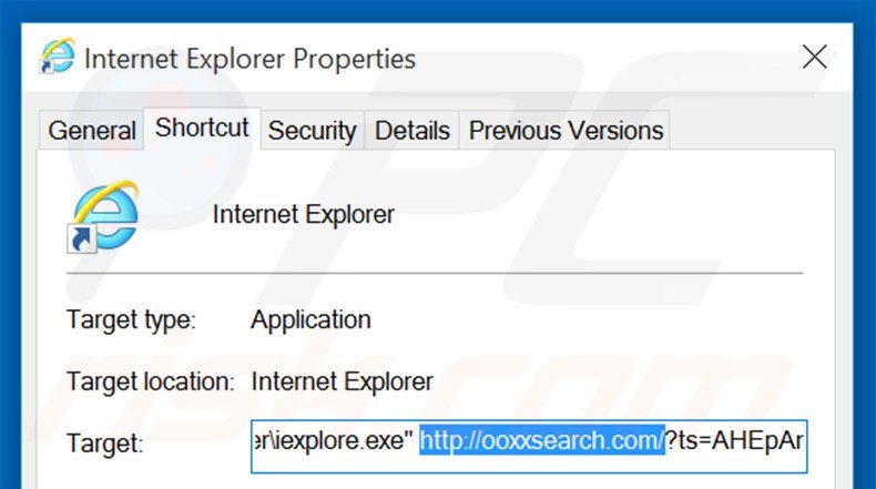 Removing ooxxsearch.com from Internet Explorer shortcut target step 2