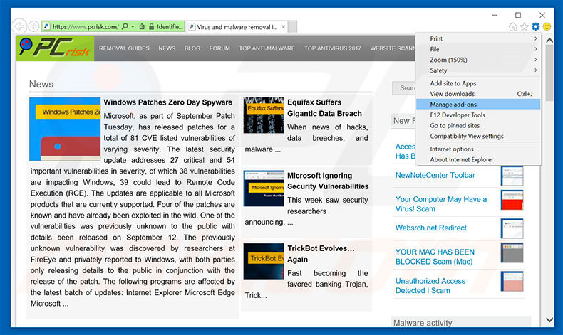 Entfernen von Warning! Malware Detected! von Internet Explorer Schritt 1