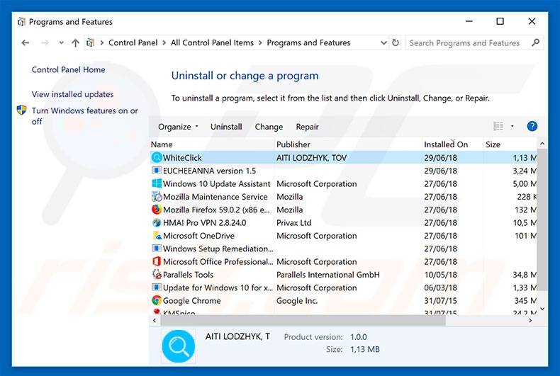 WhiteClick adware uninstall via Control Panel