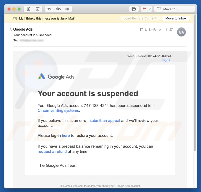 Google Ads - Your account is suspended Spam-Kampagne