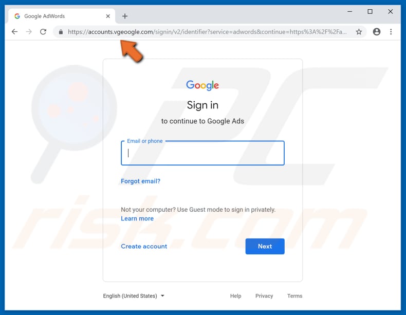 Gefälschte Google-Anzeigen-Website, die nach Benutzernamen und Passwort fragt