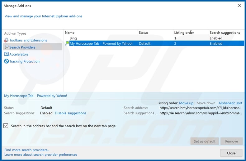 Entfernen von hmyhoroscopetab.com aus der Standard-Suchmaschine von Internet Explorer