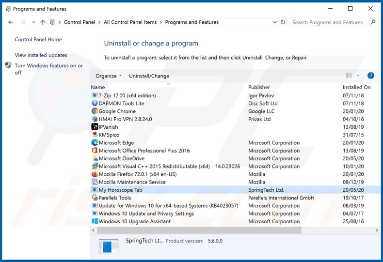 hmyhoroscopetab.com browser hijacker Deinstallation über die Systemsteuerung