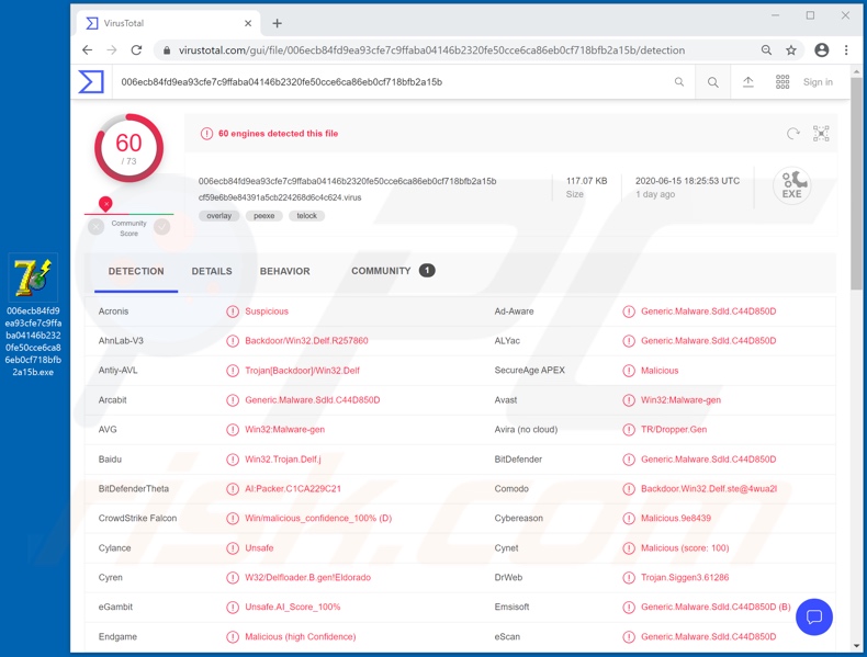 MyDoom malware Entdeckungen auf VirusTotal