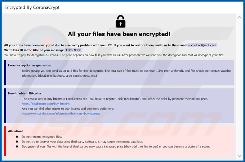 CoronaCrypt decrypt instructions (pop-up window)