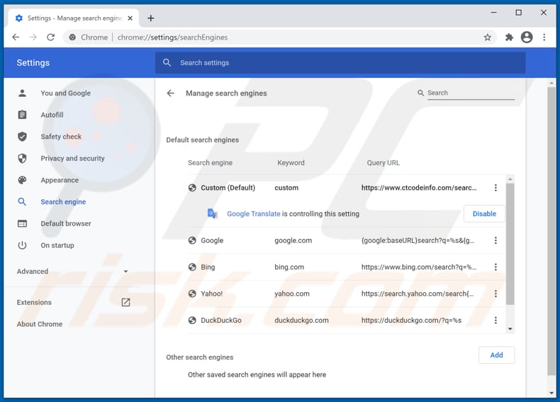 Entfernen von ctcodeinfo.com aus der Google Chrome-Standardsuchmaschine 