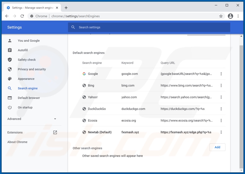 Entfernen von fxsmash.xyz aus der Standardsuchmaschine von Google Chrome