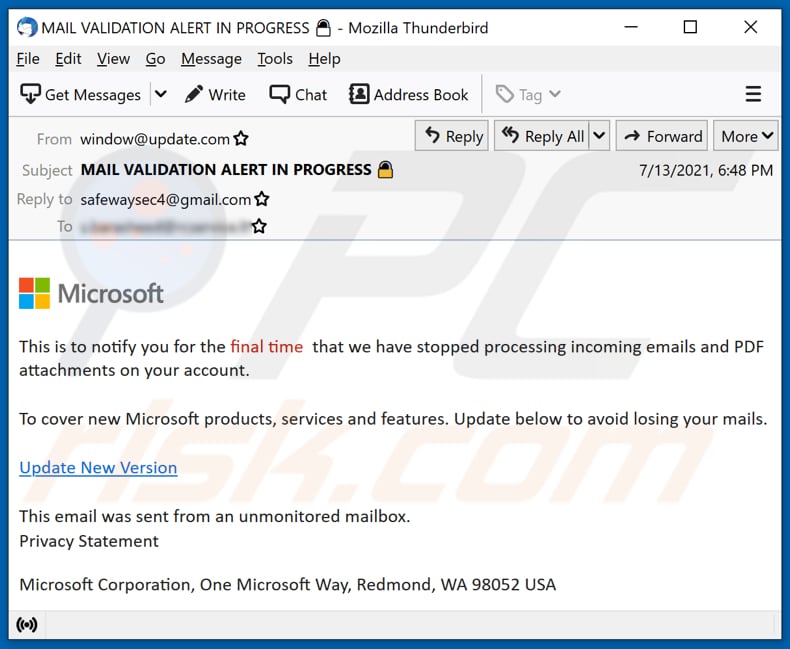 Stopped processing incoming emails and PDF attachments Phishing Kampagne