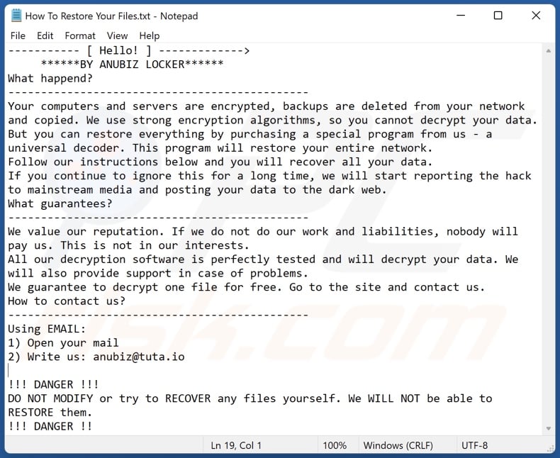 ANUBIZ LOCKER ransomware Lösegeld fordernde Nachricht (How To Restore Your Files.txt)