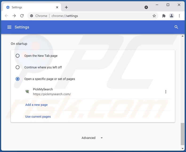 pickmysearch.com von der Google Chrome Startseite entfernen