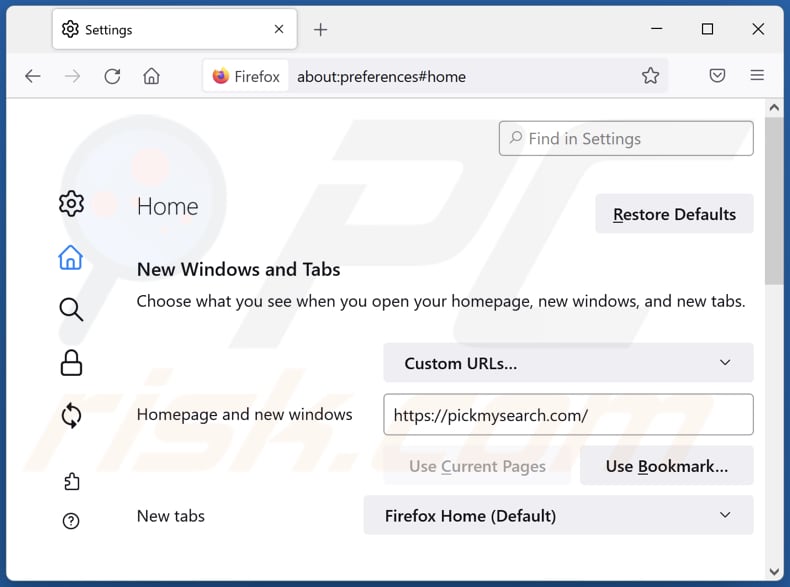 pickmysearch.com von der Mozilla Firefox Startseite entfernen