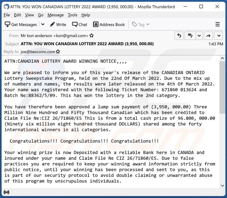 CANADIAN LOTTERY E-Mail-Betrug