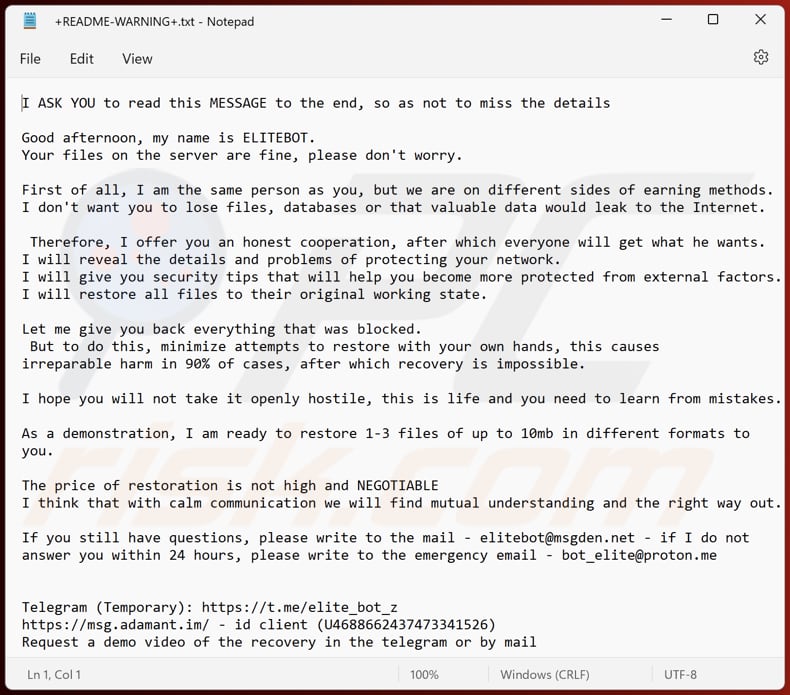 ELITEBOT ransomware Textdatei (+README-WARNING+.txt)