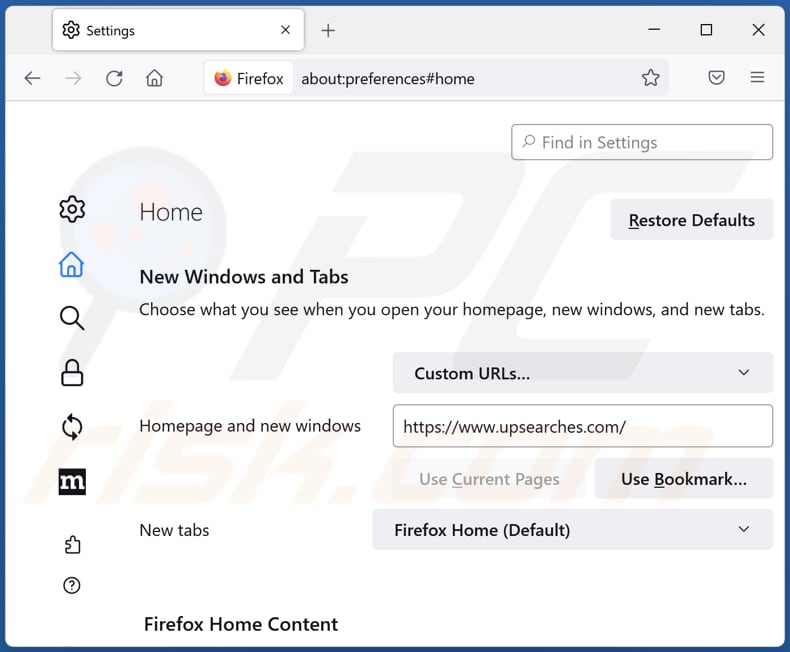 upsearches.com von der Startseite von Mozilla Firefox entfernen