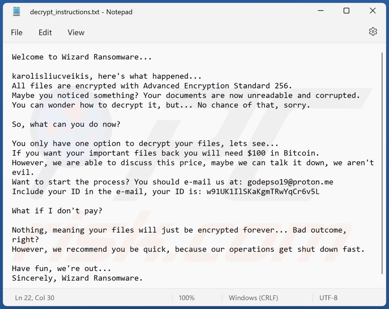 Wizard Ransomware Lösegeldforderung (decrypt_instructions.txt)