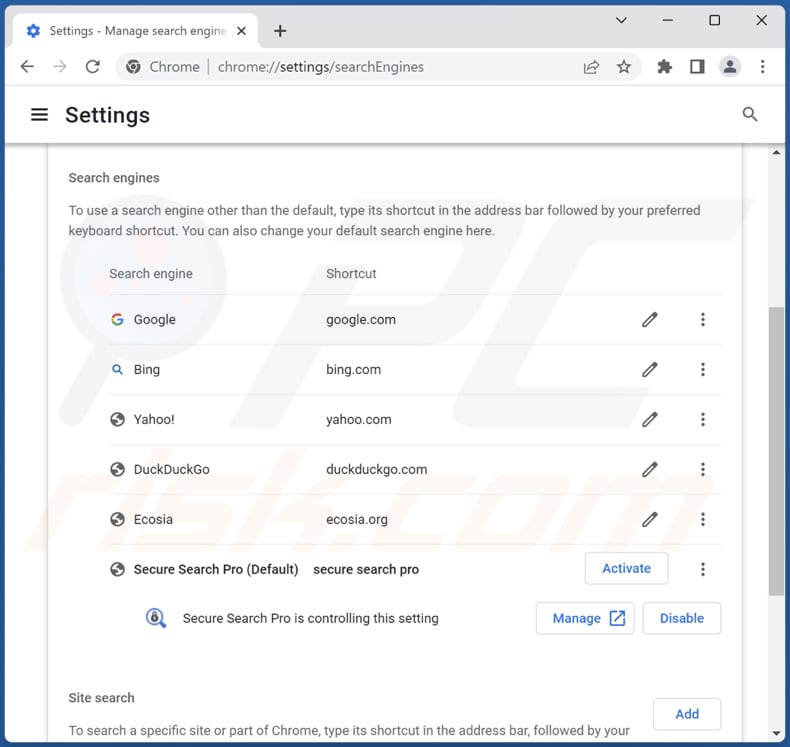 Entfernen von securesearch.pro aus der Standardsuchmaschine von Google Chrome