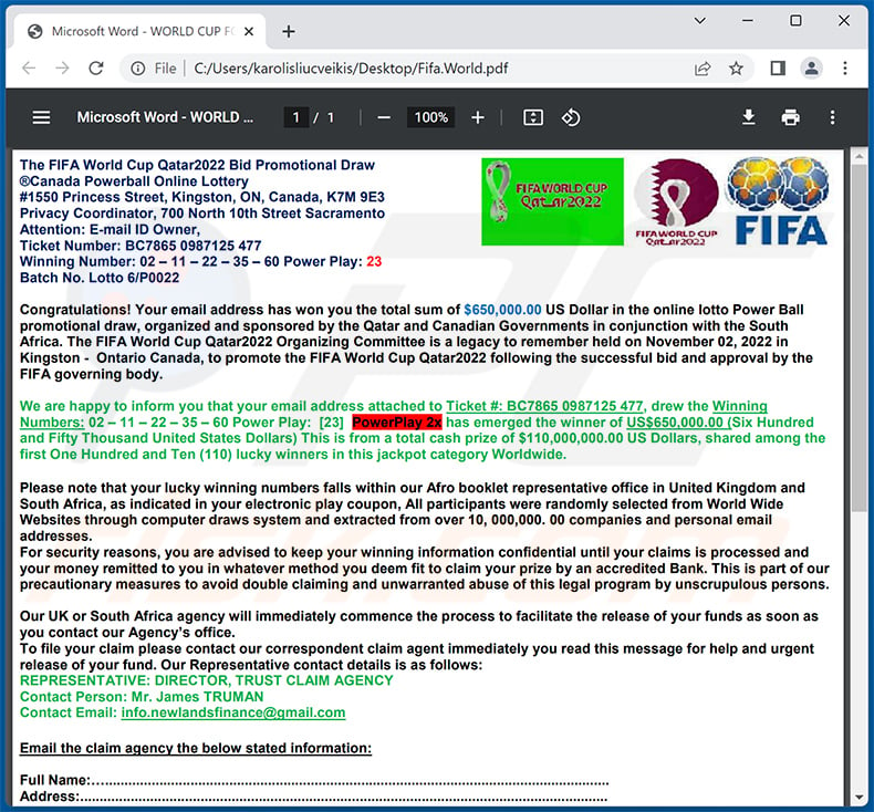 2022 FIFA Lottery Award E-Mail-Betrug (2022-11-17)