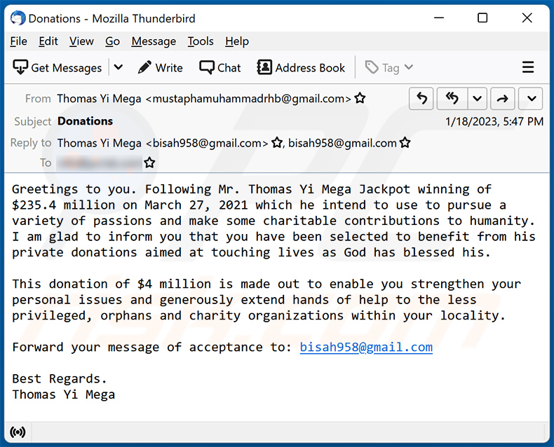 Spam-E-Mail zum Thema Spenden (2023-01-19)