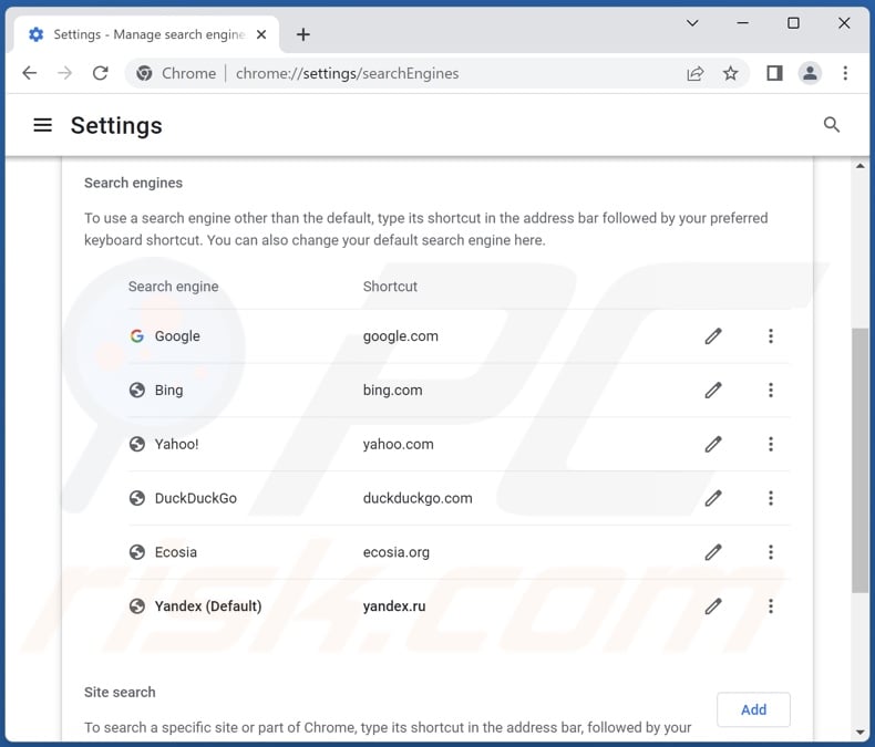 Entfernen von yandex.ru aus der Standardsuchmaschine von Google Chrome