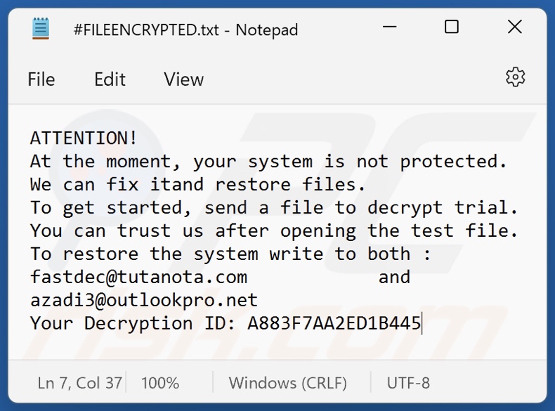 FAST ransomware Lösegeldforderung (#FILEENCRYPTED.txt)