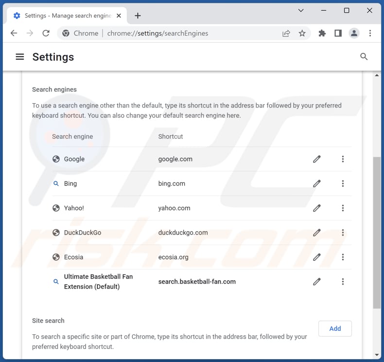 Entfernen von search.basketball-fan.com aus der Standardsuchmaschine von Google Chrome