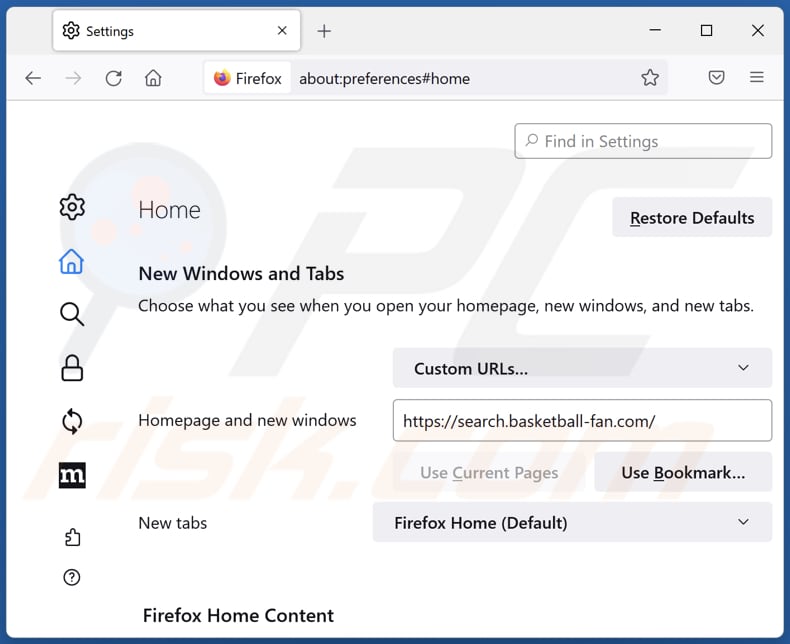 Entfernen von search.basketball-fan.com von der Startseite von Mozilla Firefox