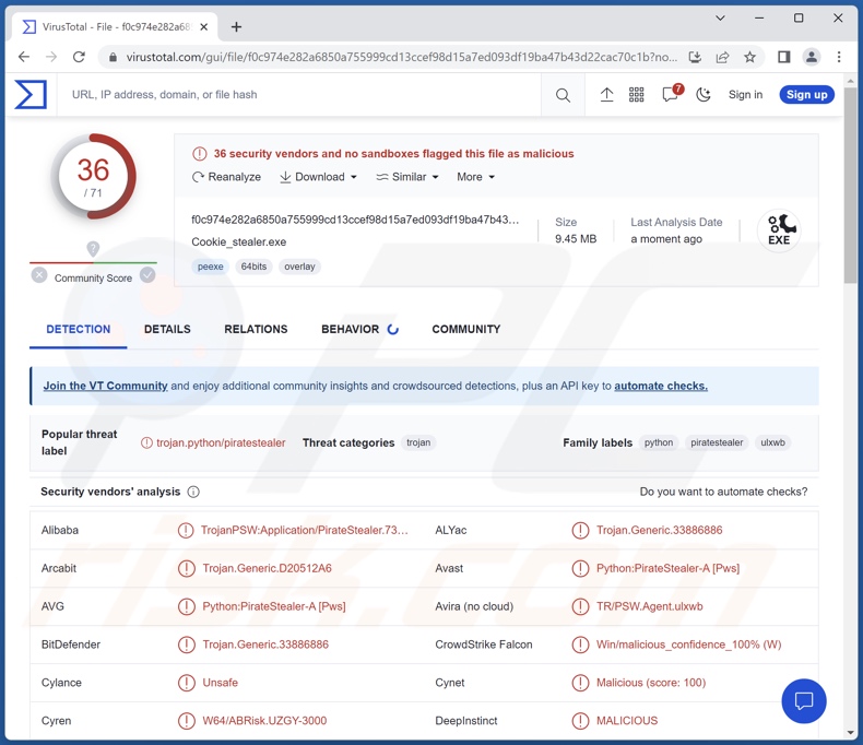 PirateStealer Malware-Erkennungen auf VirusTotal