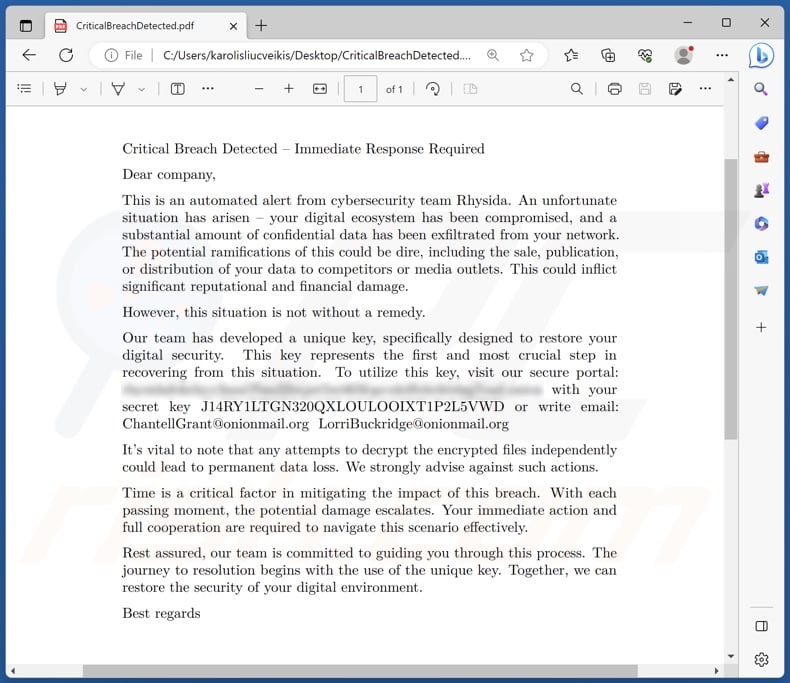 Rhysida Ransomware Lösegeldmitteilung (CriticalBreachDetected.pdf)