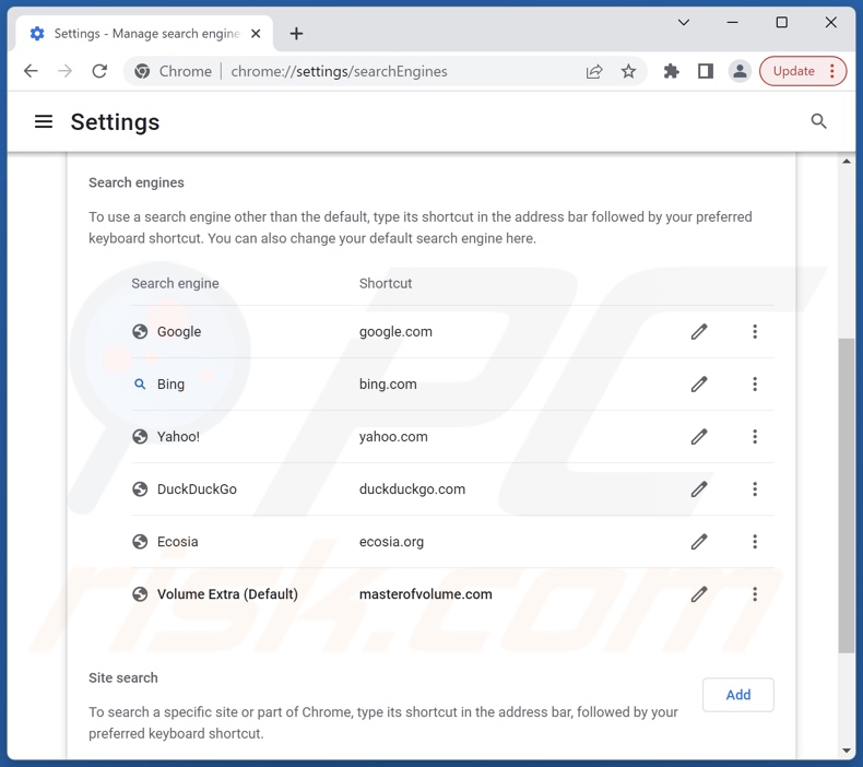 masterofvolume.com von der Google Chrome Standardsuchmaschine entfernen