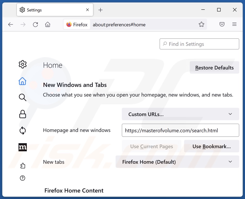 masterofvolume.com von der Mozilla Firefox Startseite entfernen
