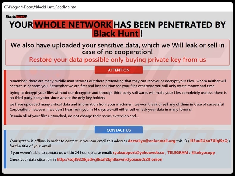 Black Hunt 2.0 Ransomware Lösegeldforderung (#BlackHunt_ReadMe.hta)