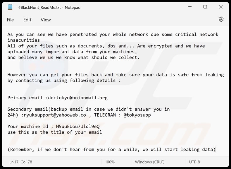 Black Hunt 2.0 Ransomware Textdatei (#BlackHunt_ReadMe.txt)