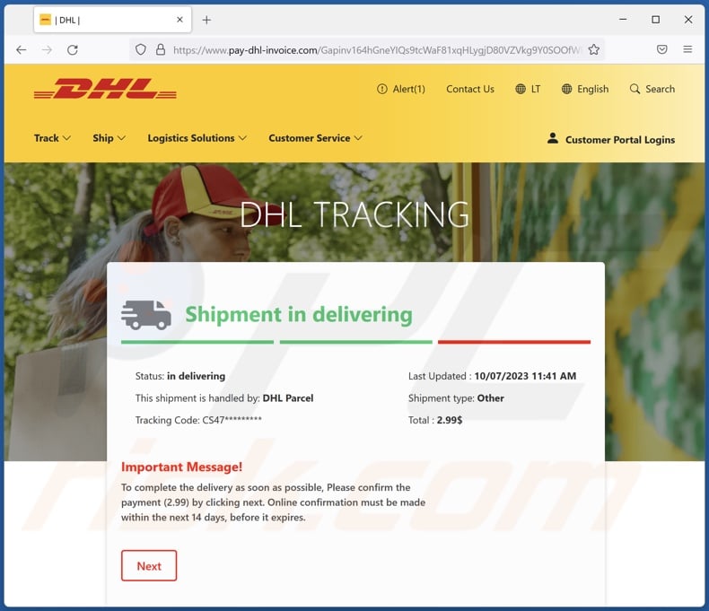 DHL Delivery Payment Betrug email beworbene gefälschte DHL-Website