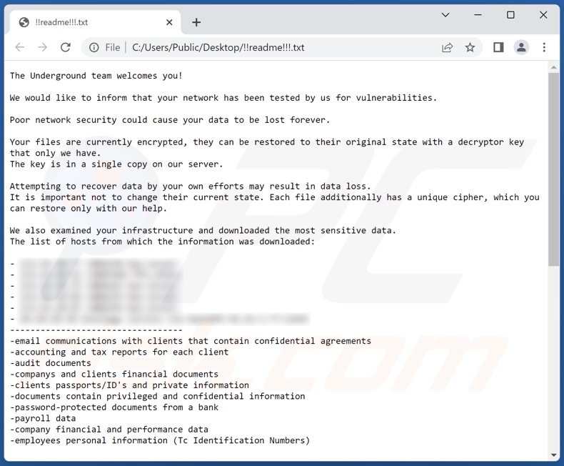 Underground Team Ransomware Lösegeldmitteilung (!!readme!!!.txt)