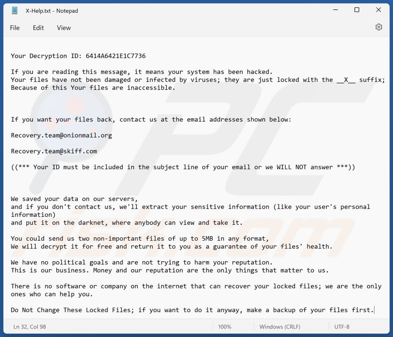 X Ransomware Textdatei (X-Help.txt)