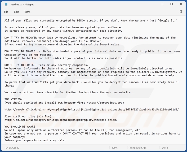 BIDON Ransomware Lösegeldmitteilung (readme.txt)