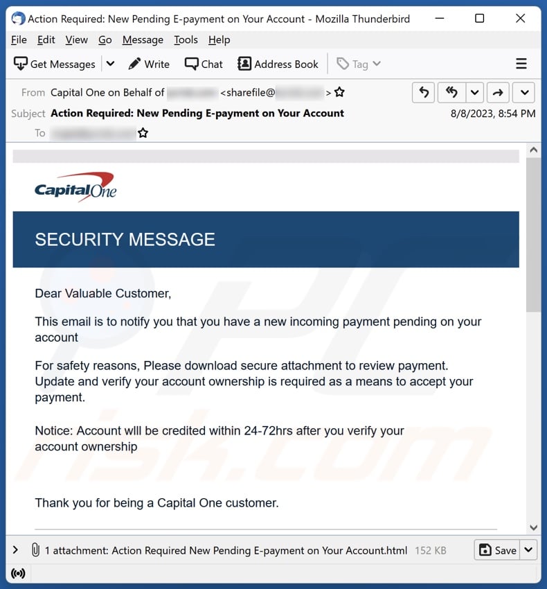 Capital One SECURITY MESSAGE E-Mail Spam Kampagne