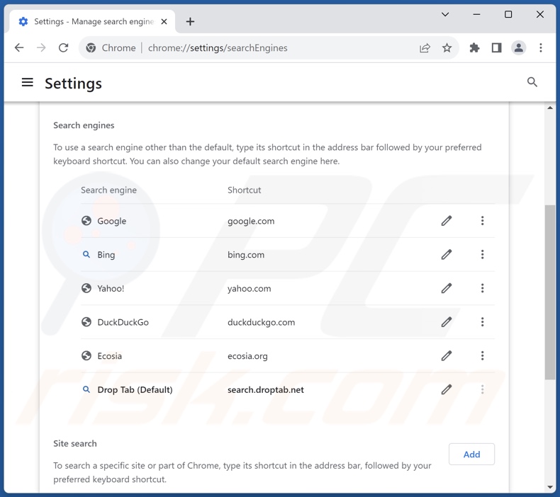 Entfernen von search.droptab.net aus der Standardsuchmaschine von Google Chrome