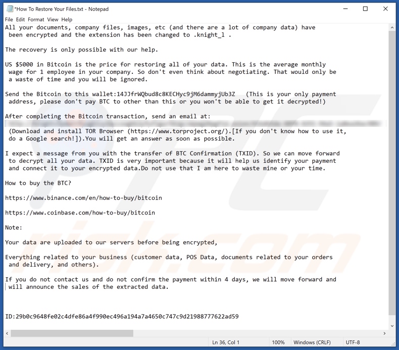 Knight Ransomware Lösegeldforerung (How To Restore Your Files.txt)