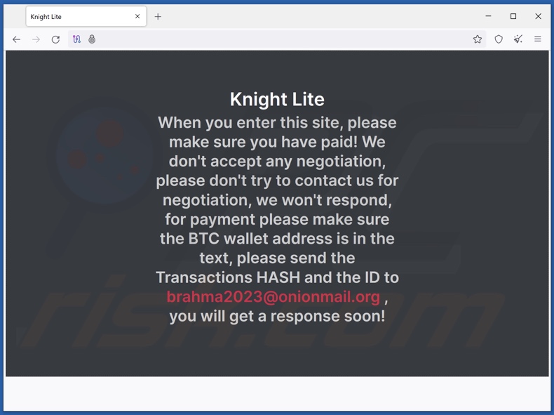 Knight Ransomware Tor Webseite