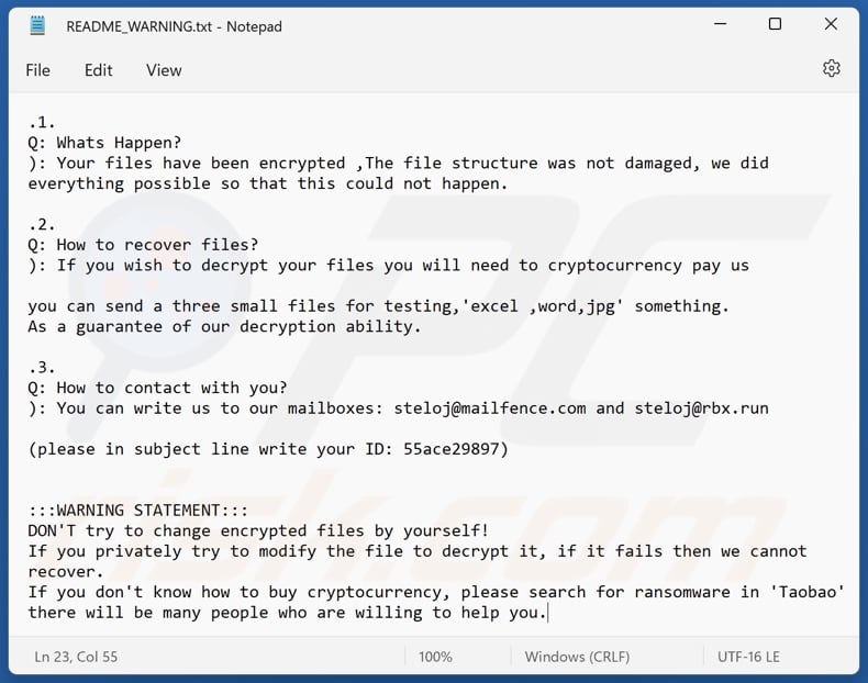 Steloj Ransomware Lösegeldmitteilung (README_WARNING.txt)