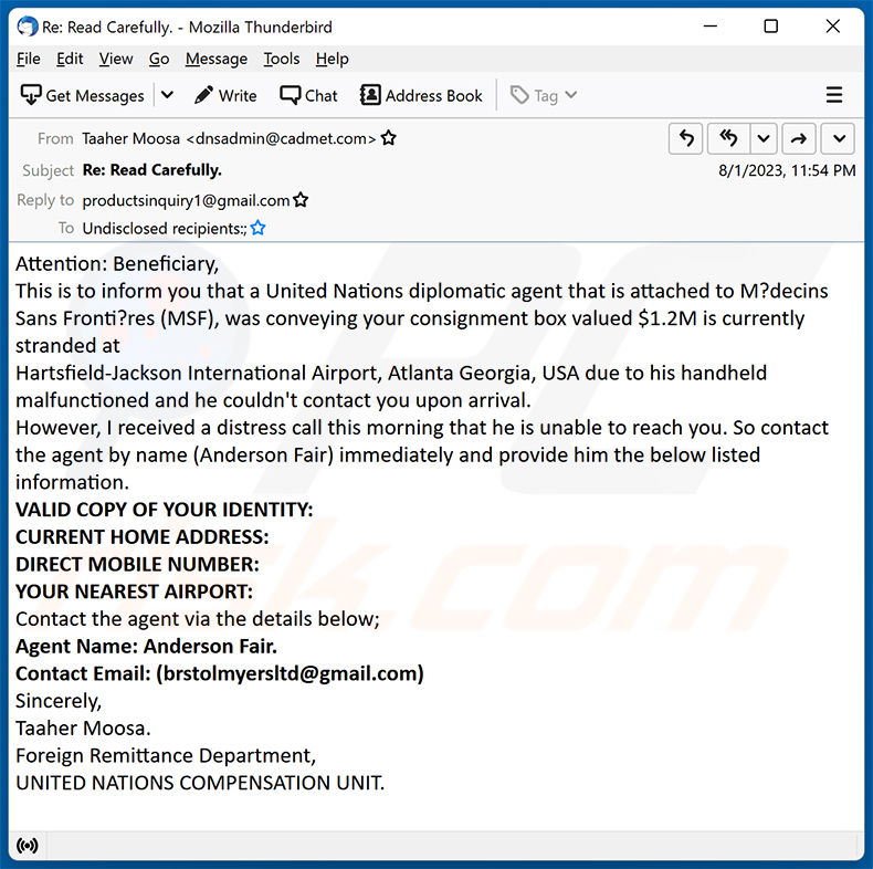 United Nations - Abandoned Shipment E-Mail-Betrug (2023-08-11)
