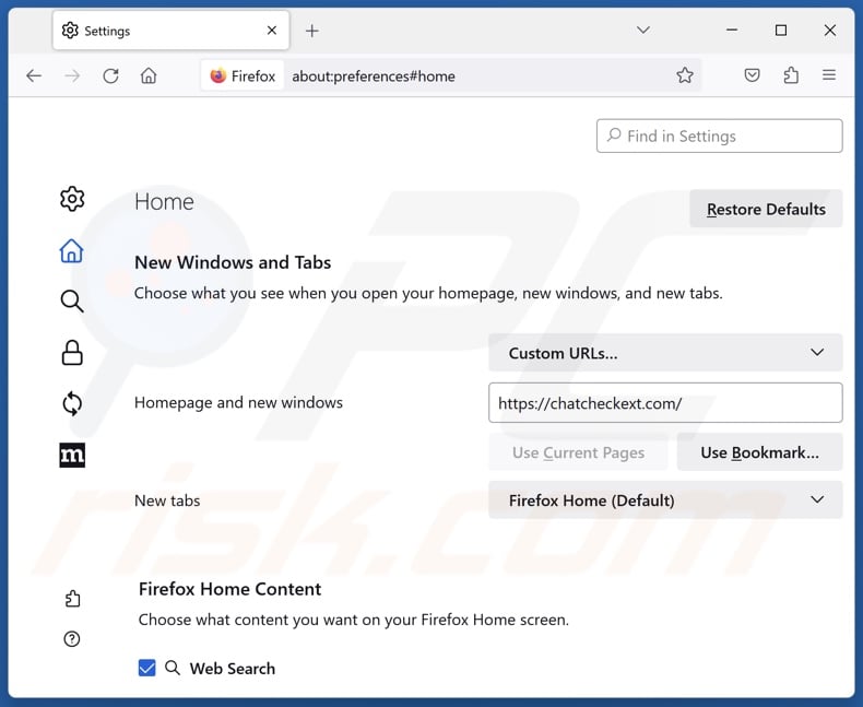 chatcheckext.com von der Mozilla Firefox Startseite entfernen