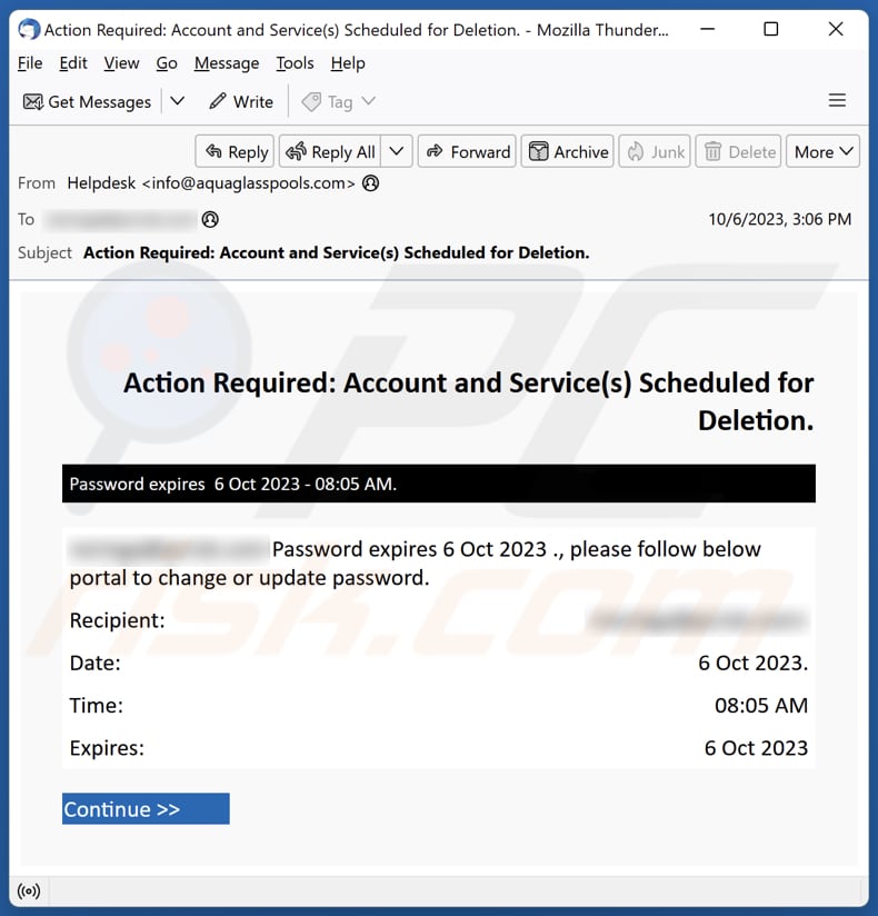 Account And Service(s) Scheduled For Deletion E-Mail Spam-Kampagne