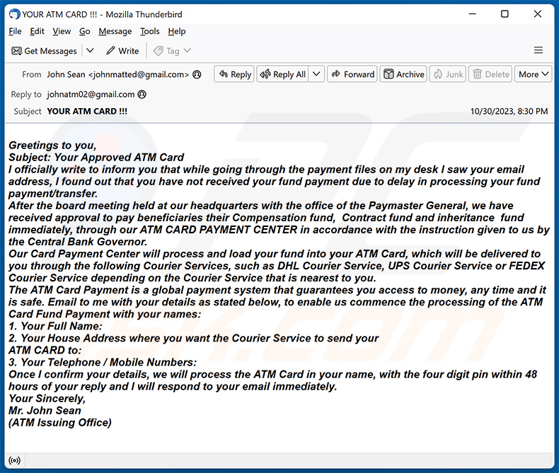 ATM Card E-Mail-Betrug (2023-11-08)