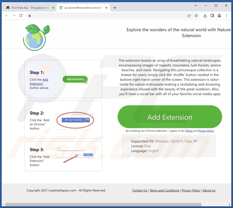 Webseite zur Werbung für den Nature Of The World Extension Browserentführer